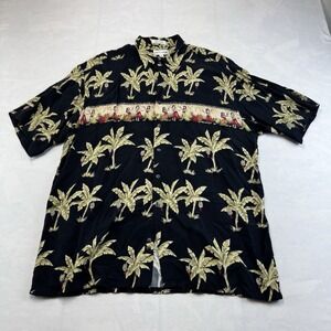 Pierre Cardin Hawaiian Shirt Mens XL Black Rayon Palm Tree Hula Aloha Camp